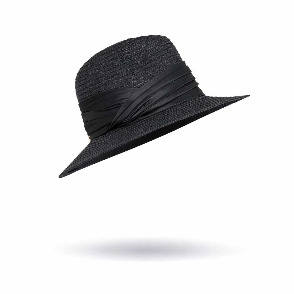 Black straw hat with a wide brim on a white background
