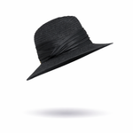 Black straw hat with a wide brim on a white background