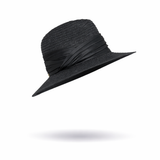 Black straw hat with a wide brim on a white background