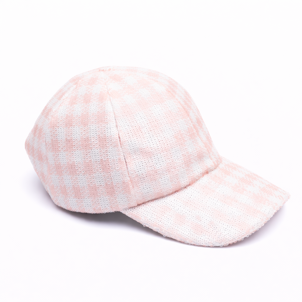 Pink checkered baseball cap on a white background