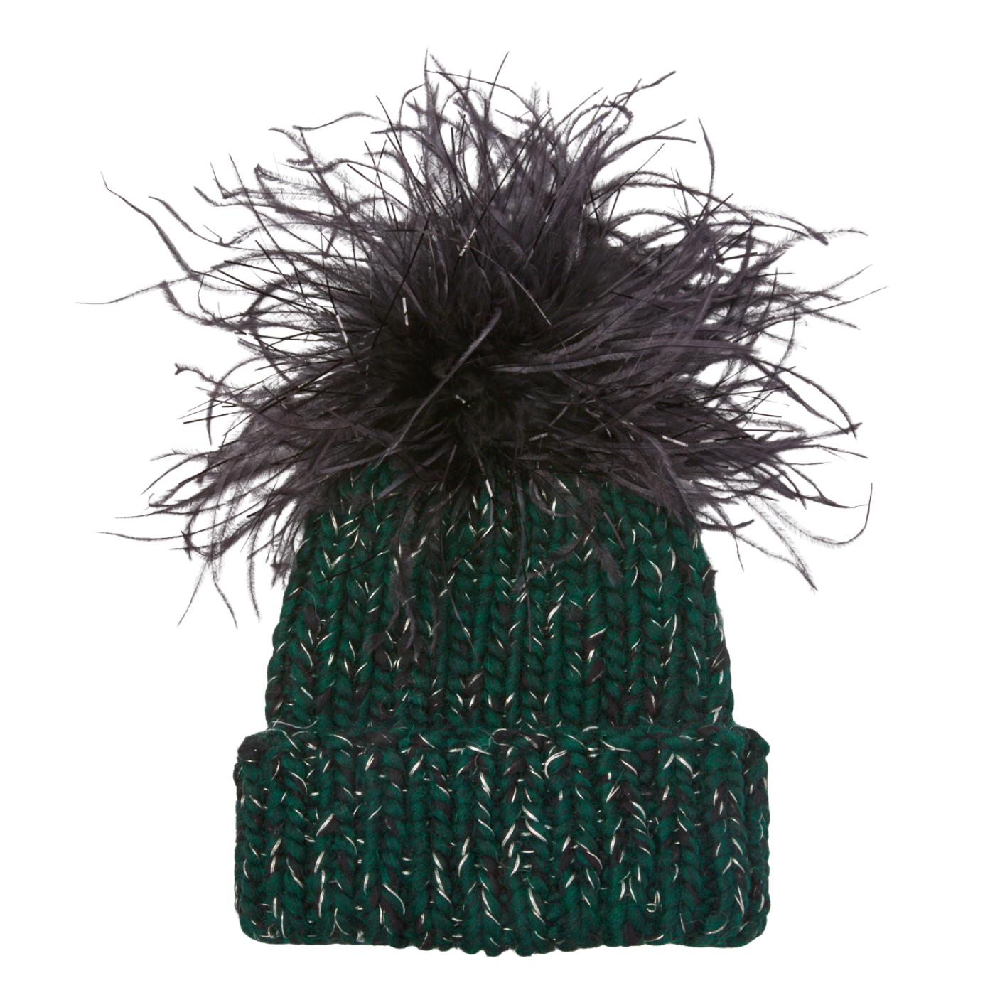 Green knit beanie with a large black feather pom-pom on a white background