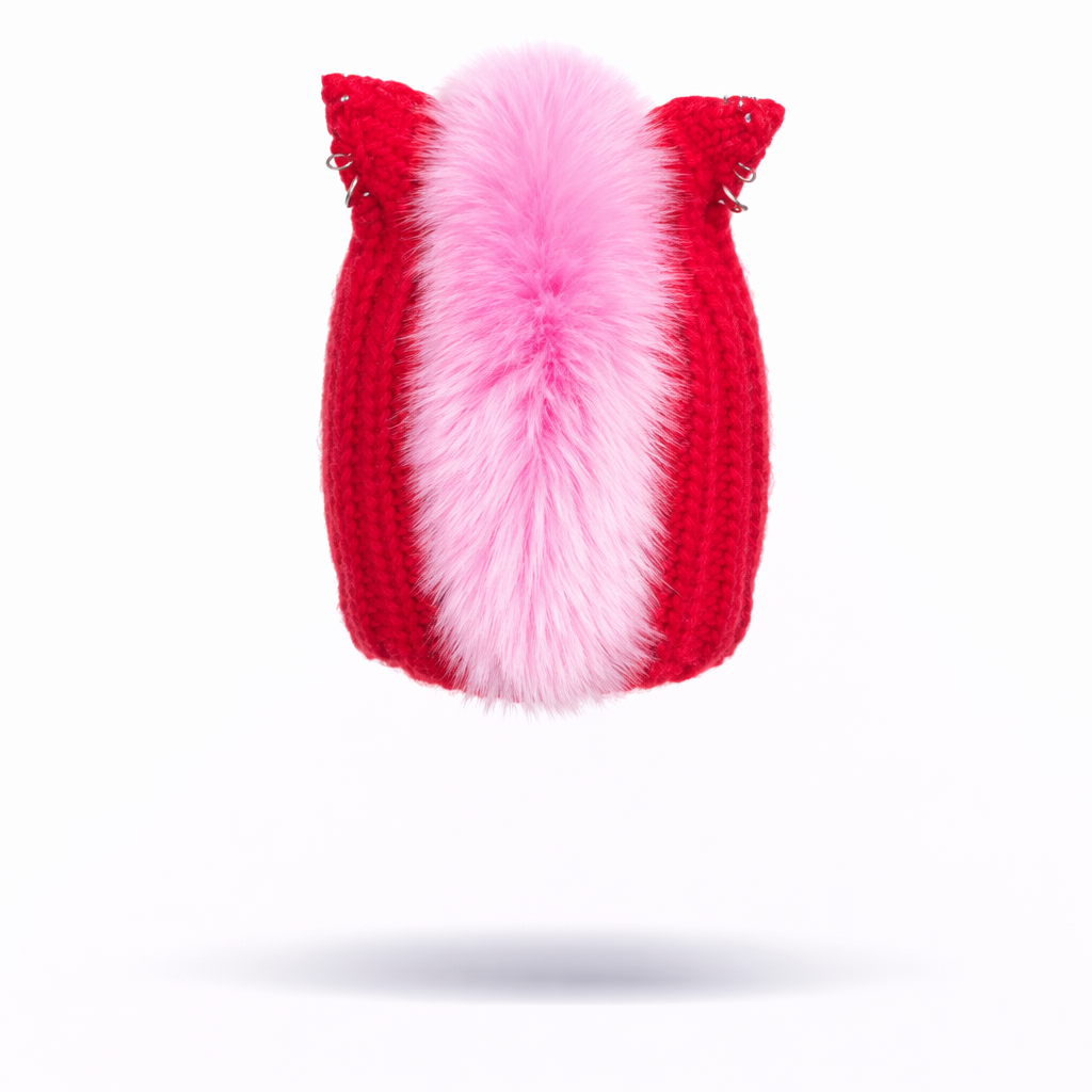 Back facing image of red knitted beanie with a pink pom-pom and silver hoops on a white background