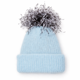 Light blue knit beanie with a gray ostrich pom-pom on a white background