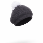 Charcoal knit beanie with white ostrich pom-pom on a white background