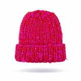 Red and pink knitted beanie on a white background