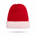 Red and white knit beanie on a white background