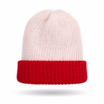 Knitted beanie with white top and red band on a white background