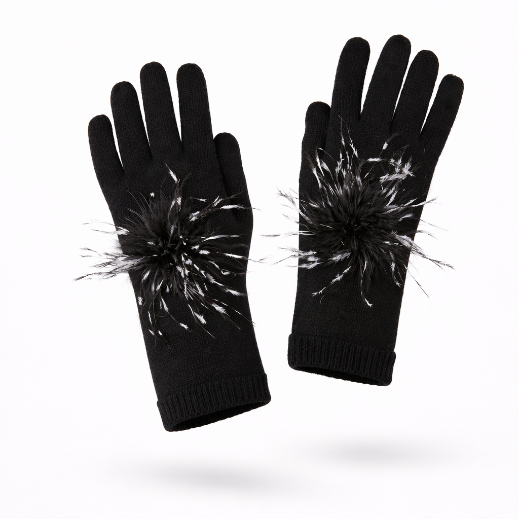 Black gloves with black and white pom-pom attachments on a white background