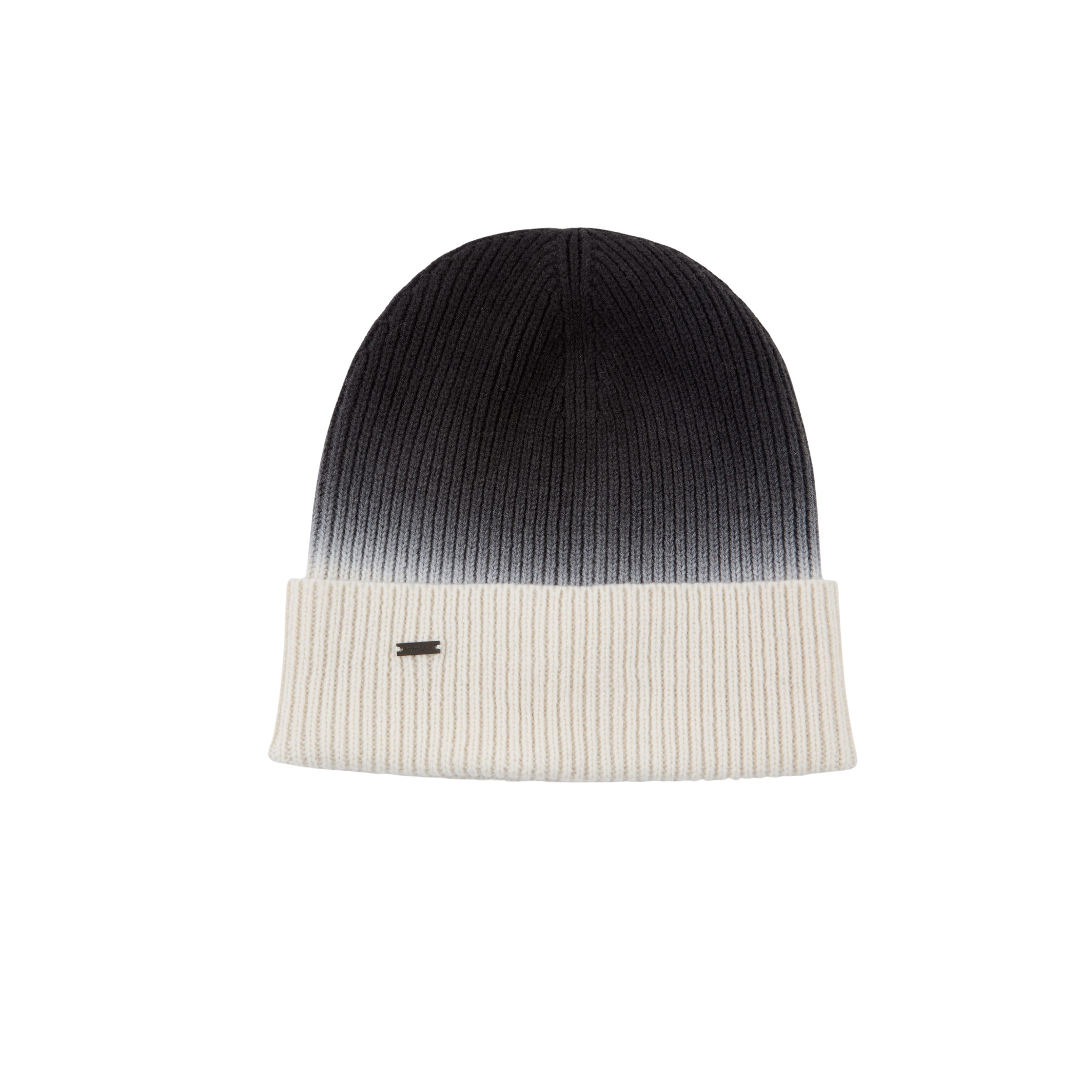 Black and white ombre beanie with a brand logo on a white background