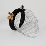 Grace Headband – Black Panné Velvet with Gold Flowers & Veil