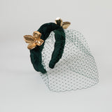 Grace Headband – Emerald Panné Velvet with Gold Flowers & Veil
