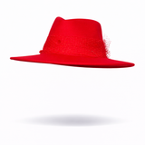 Red hat with a textured brim on a white background