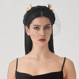 Grace Headband – Black Panné Velvet with Gold Flowers & Veil