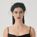 Grace Headband – Emerald Panné Velvet with Gold Flowers & Veil