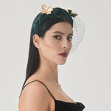 Grace Headband – Emerald Panné Velvet with Gold Flowers & Veil