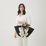 Carlotta Black Straw Tote in Status Print