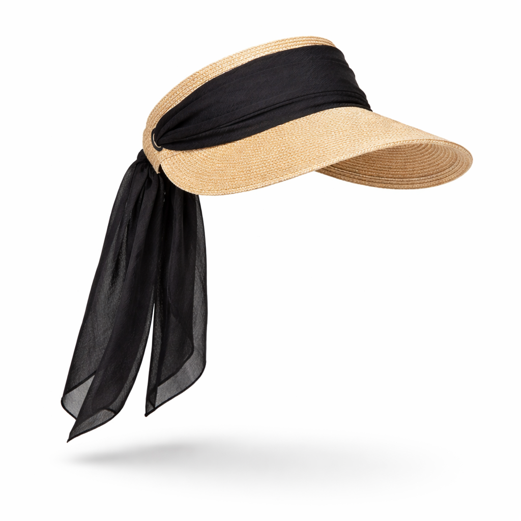 Beige visor hat with black scarf on a white background