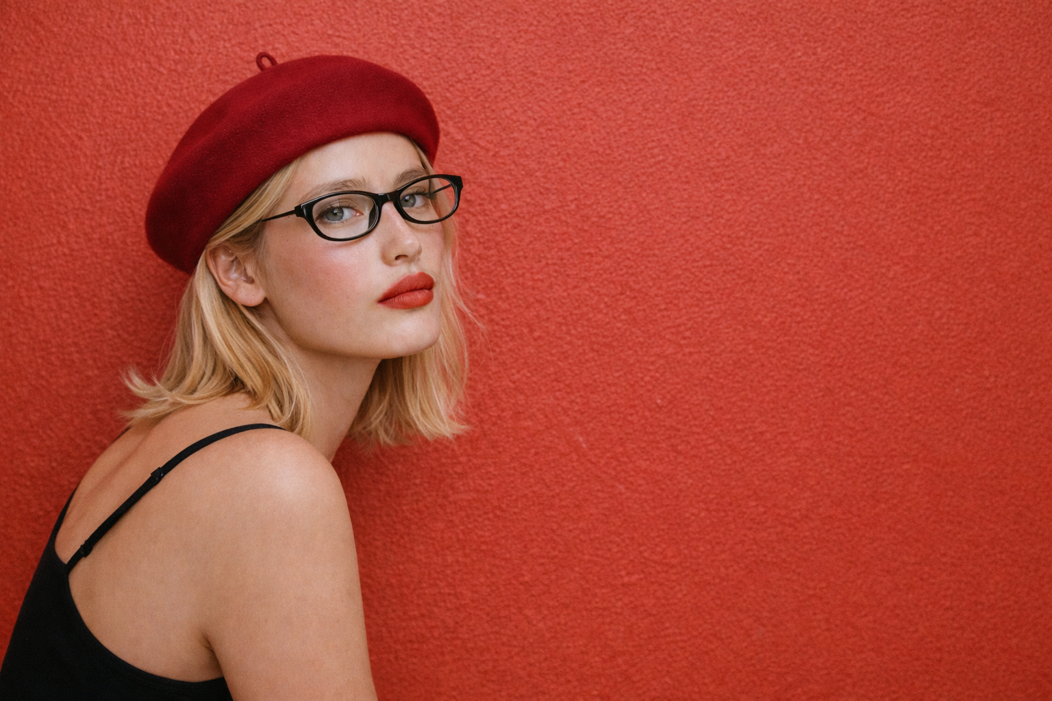 Woman wearing a red beret and glasses against a red background