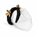 Grace Headband – Black Panné Velvet with Gold Flowers & Veil
