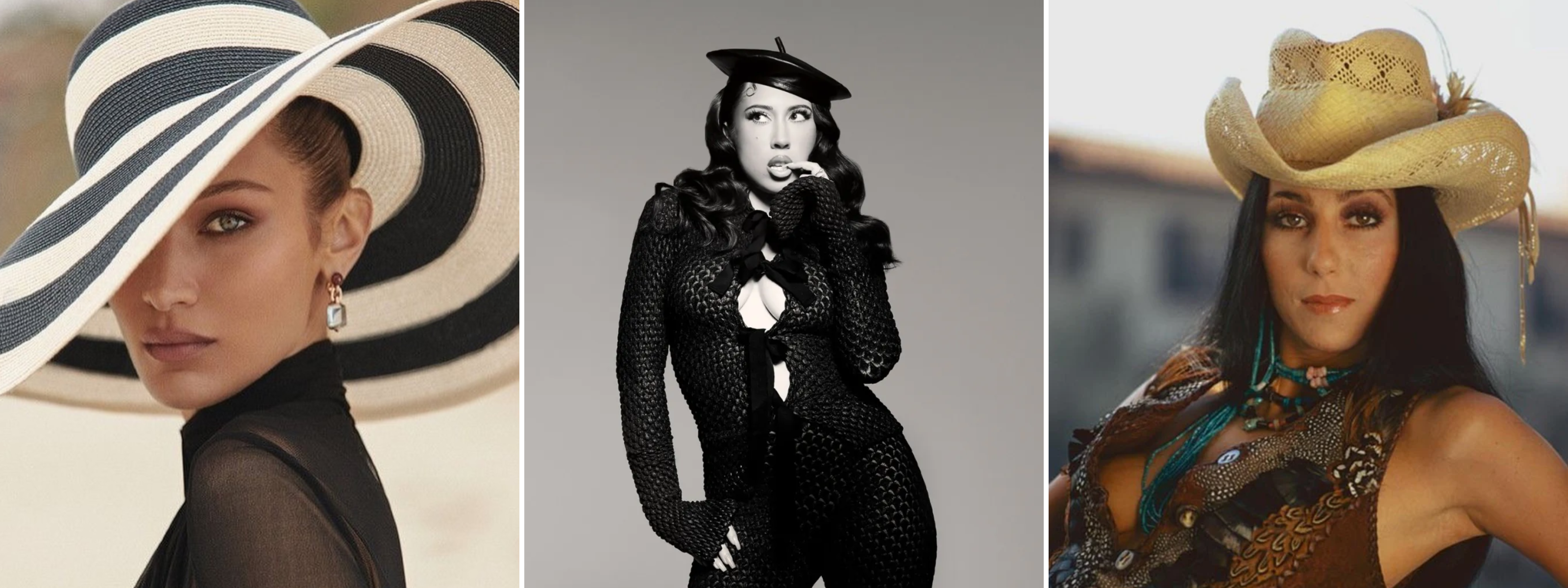 Bella Hadid, Kali Uchis, and Cher wearing Eugenia Kim hats and headbands — showcasing celebrity street style, stage glamour, and timeless icon energy.