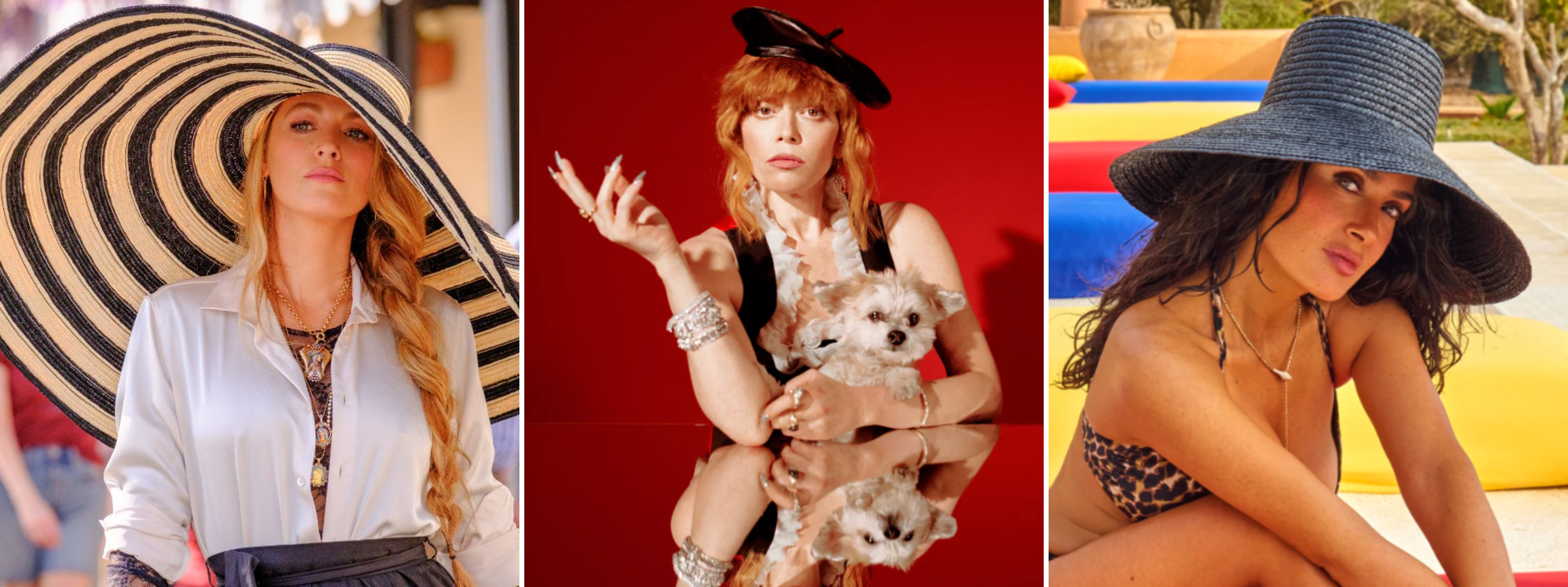 Blake Lively, Natasha Lyonne, and Salma Hayek Pinault in Eugenia Kim hats — blending Hollywood sophistication, downtown edge, and red-carpet elegance.