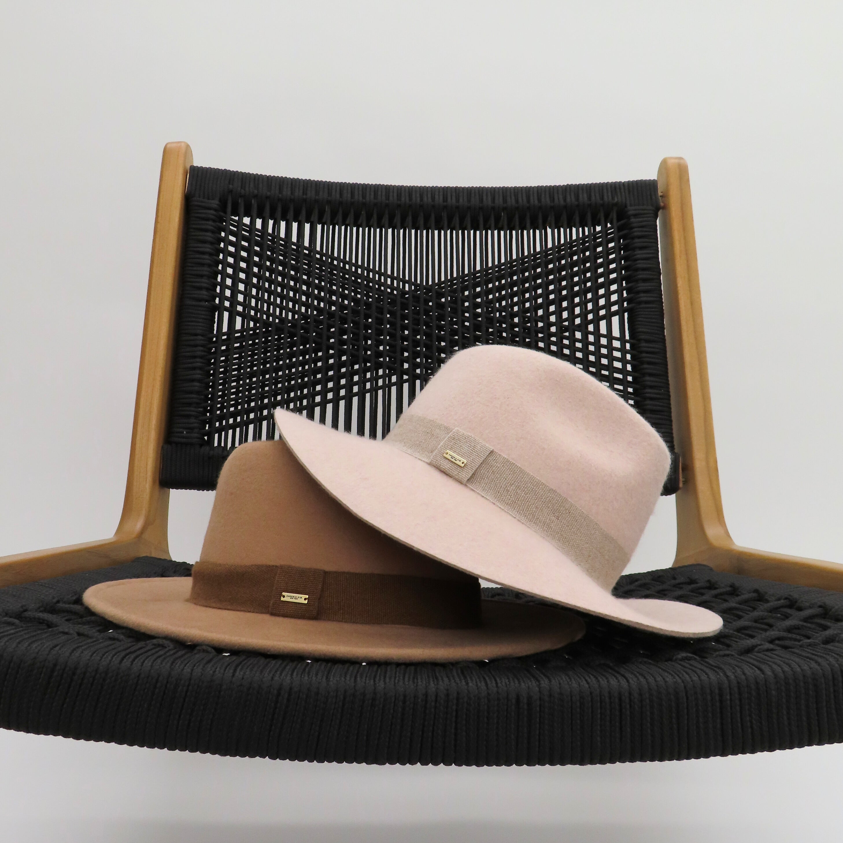 Eugenia Kim Emmanuelle Fedora — luxury wool felt fedora hats for women in beige and brown, wide-brim design with grosgrain ribbon.