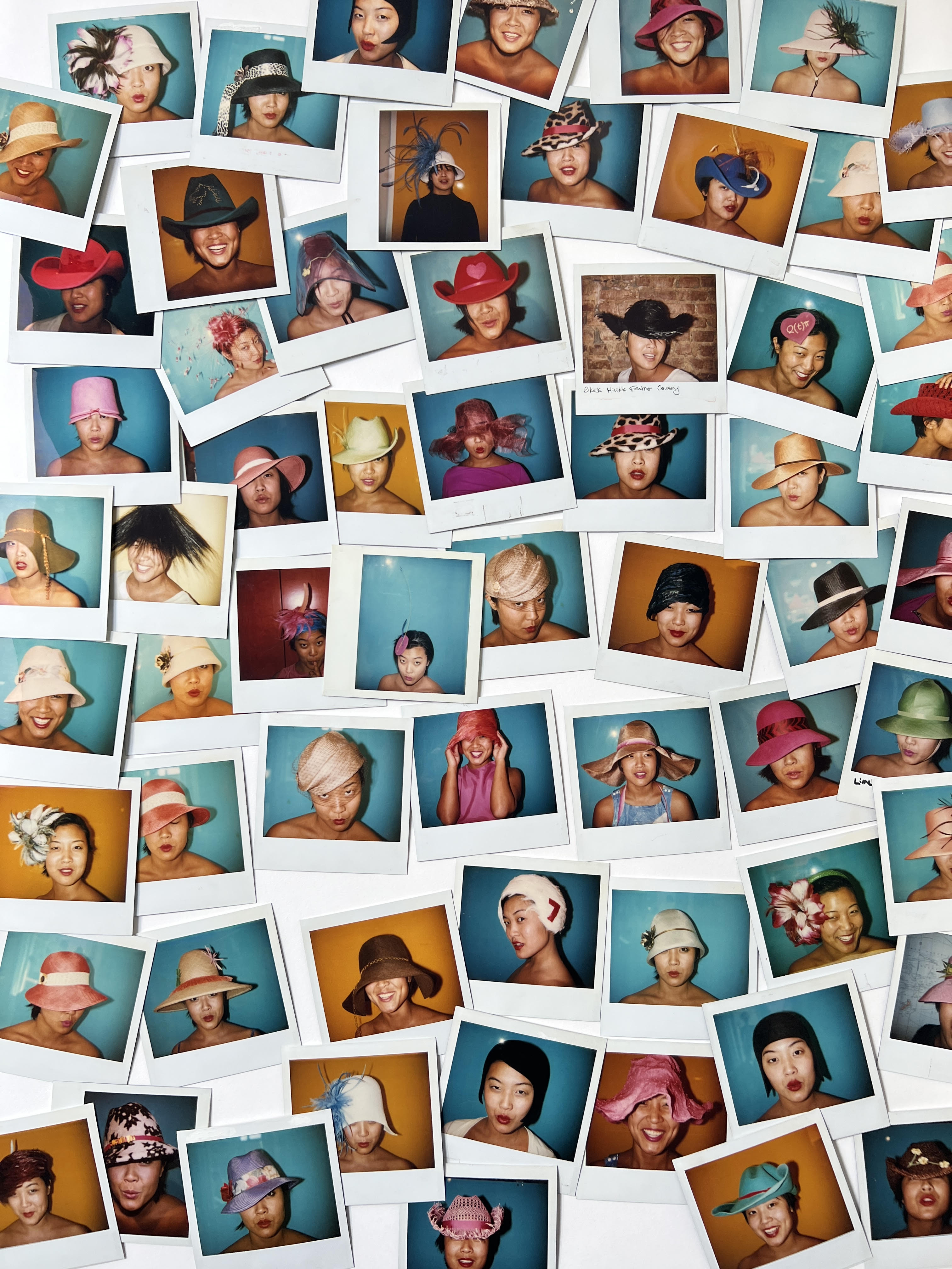 Creative Polaroid collage highlighting Eugenia Kim’s signature hat collection. A vibrant showcase of unique, fashion-forward hat styles in diverse colors and shapes, reflecting the brand’s playful and artistic spirit.