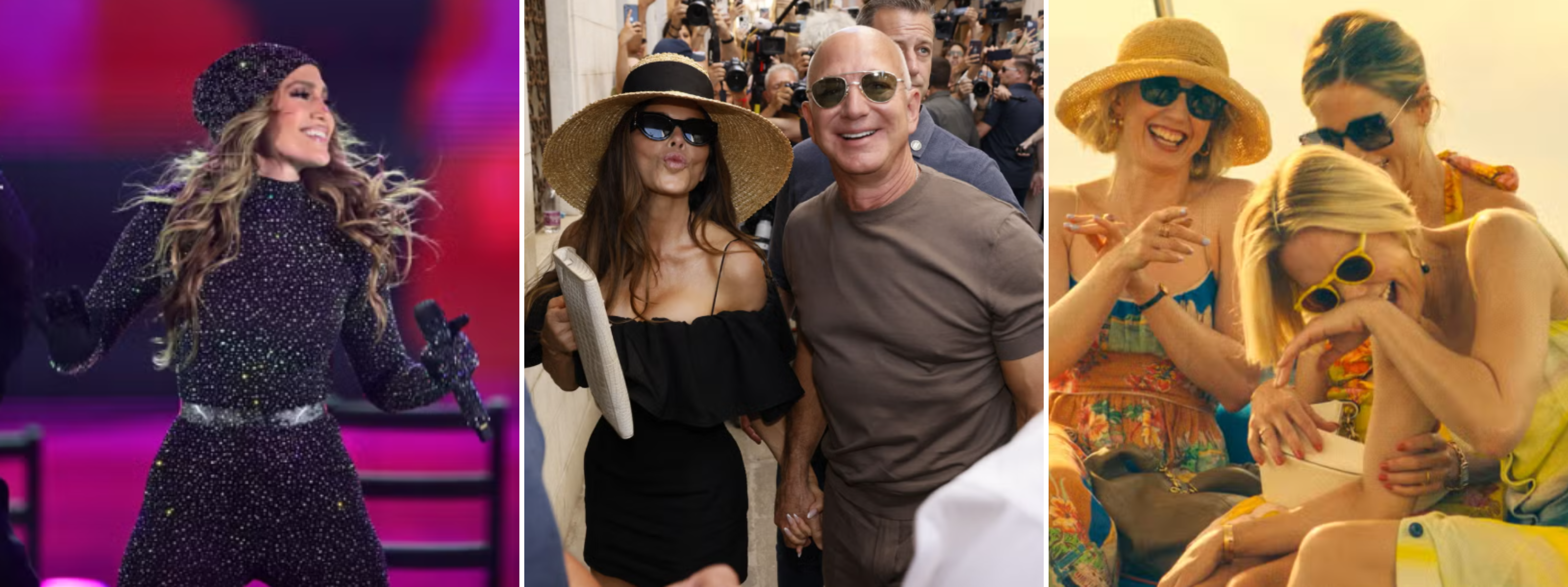 Jennifer Lopez, Lauren Sánchez Bezos, and the White Lotus cast in Eugenia Kim designs — highlighting timeless luxury and resort-inspired millinery.
