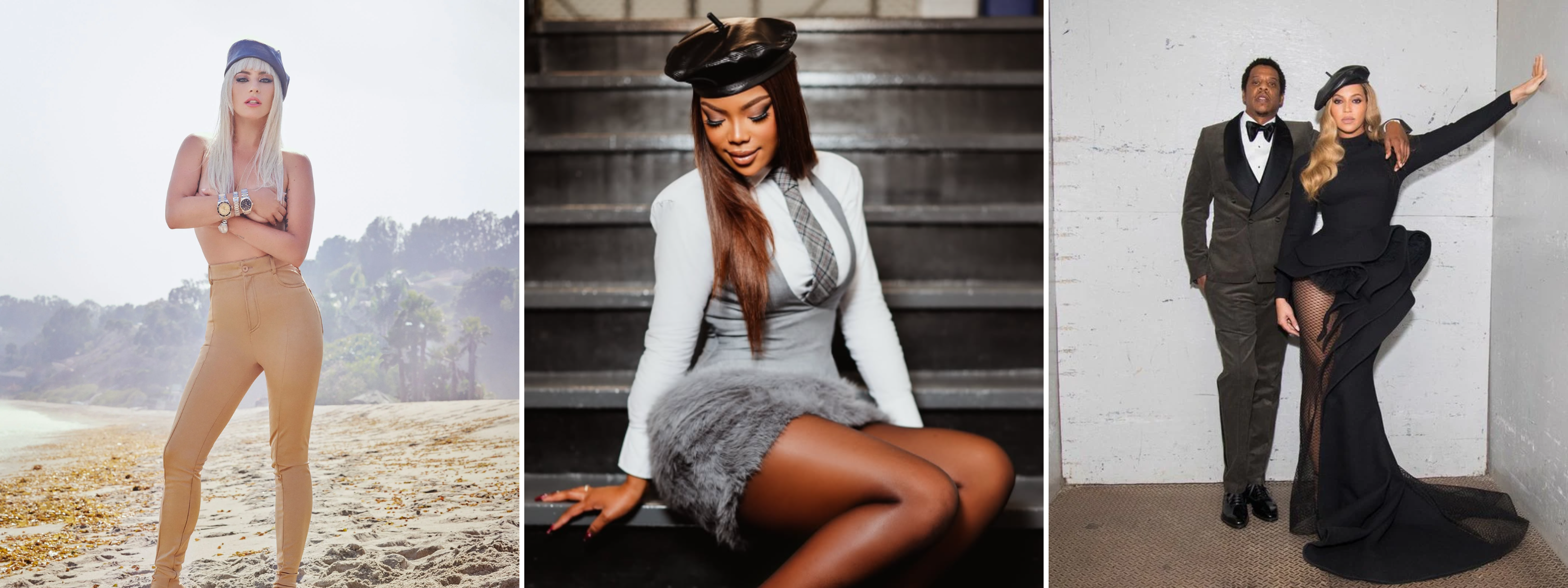 Lady Gaga, Riley Burruss and Beyoncé wearing sculptural Eugenia Kim headpieces — bold statements from music’s most powerful women.