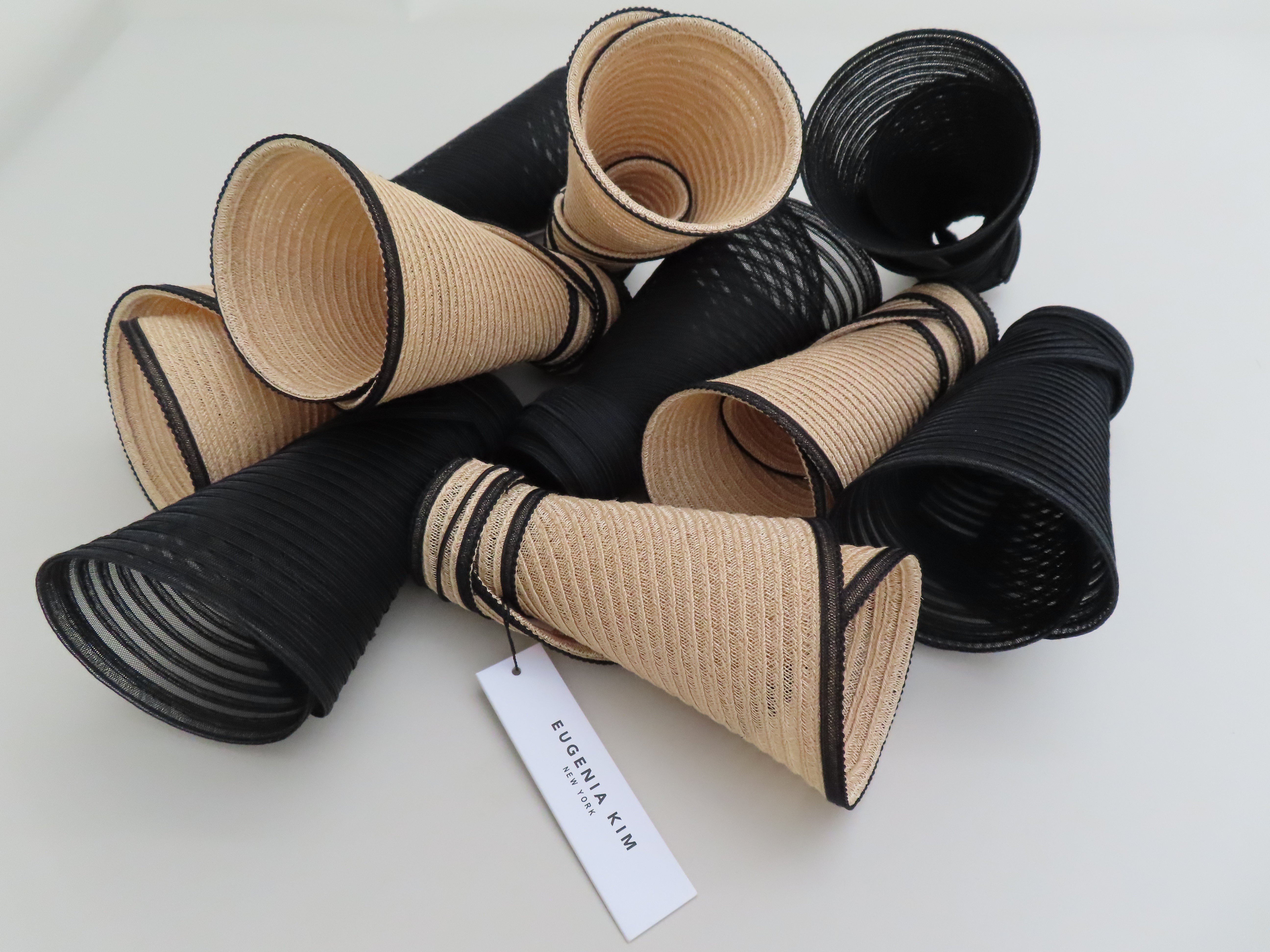 Eugenia Kim Trixie Packable Visor — foldable straw sun visor hats in natural and black, luxury summer accessory for women.