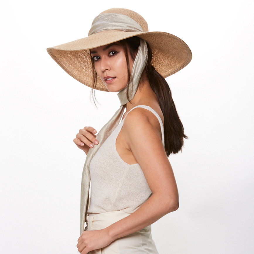 Eugenia Kim Bunny packable fedora in sand front view on model