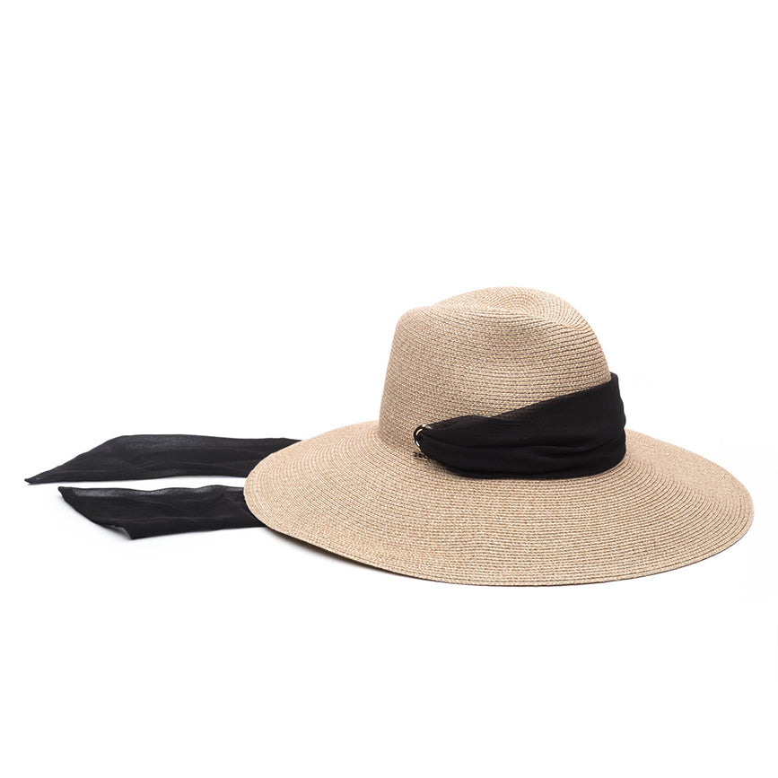 Eugenia Kim Cassidy packable fedora in sand with black scarf product shot