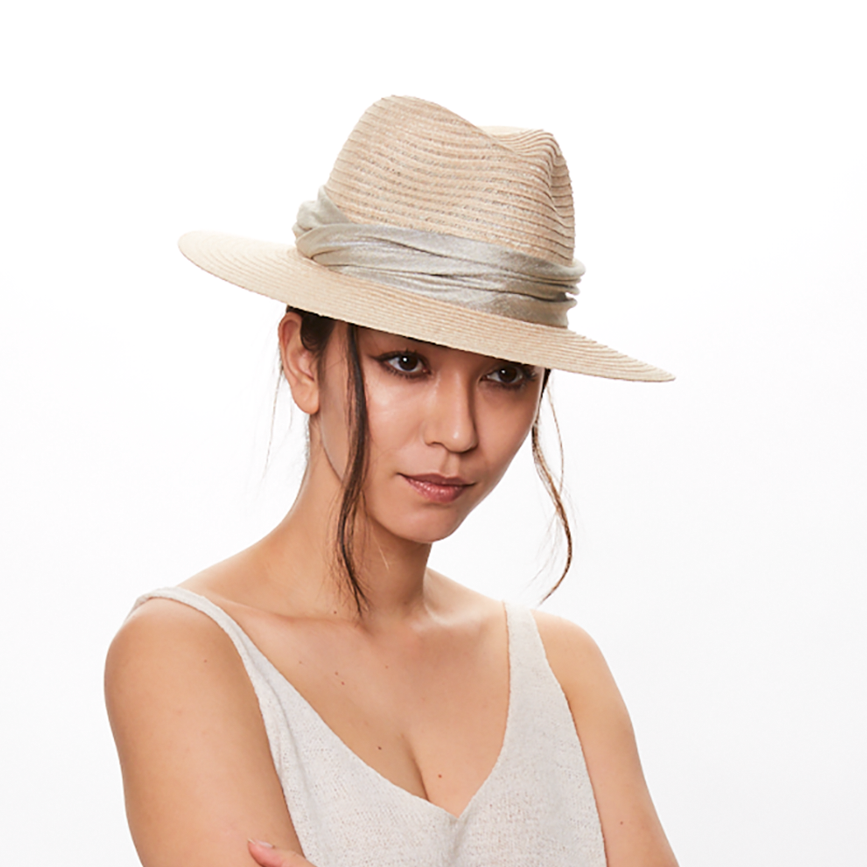 Eugenia Kim Courtney packable fedora in natural hemp front view on model 