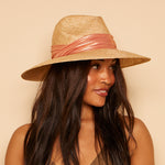 On model shot of Emmanuelle fedora with shimmer band