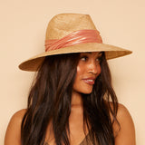 On model shot of Emmanuelle fedora with shimmer band