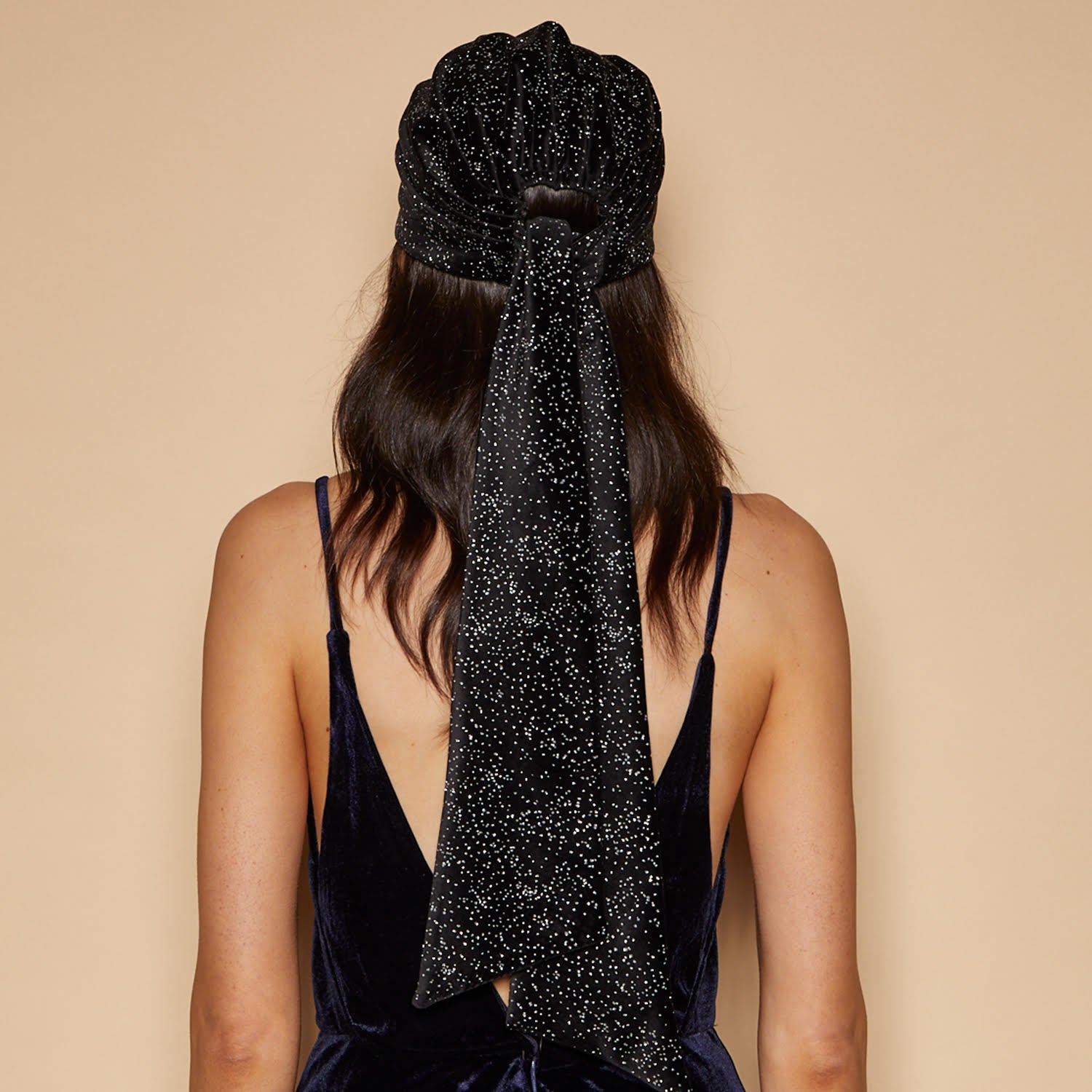 Eugenia Kim Gigi headscarf in black velvet back view on model