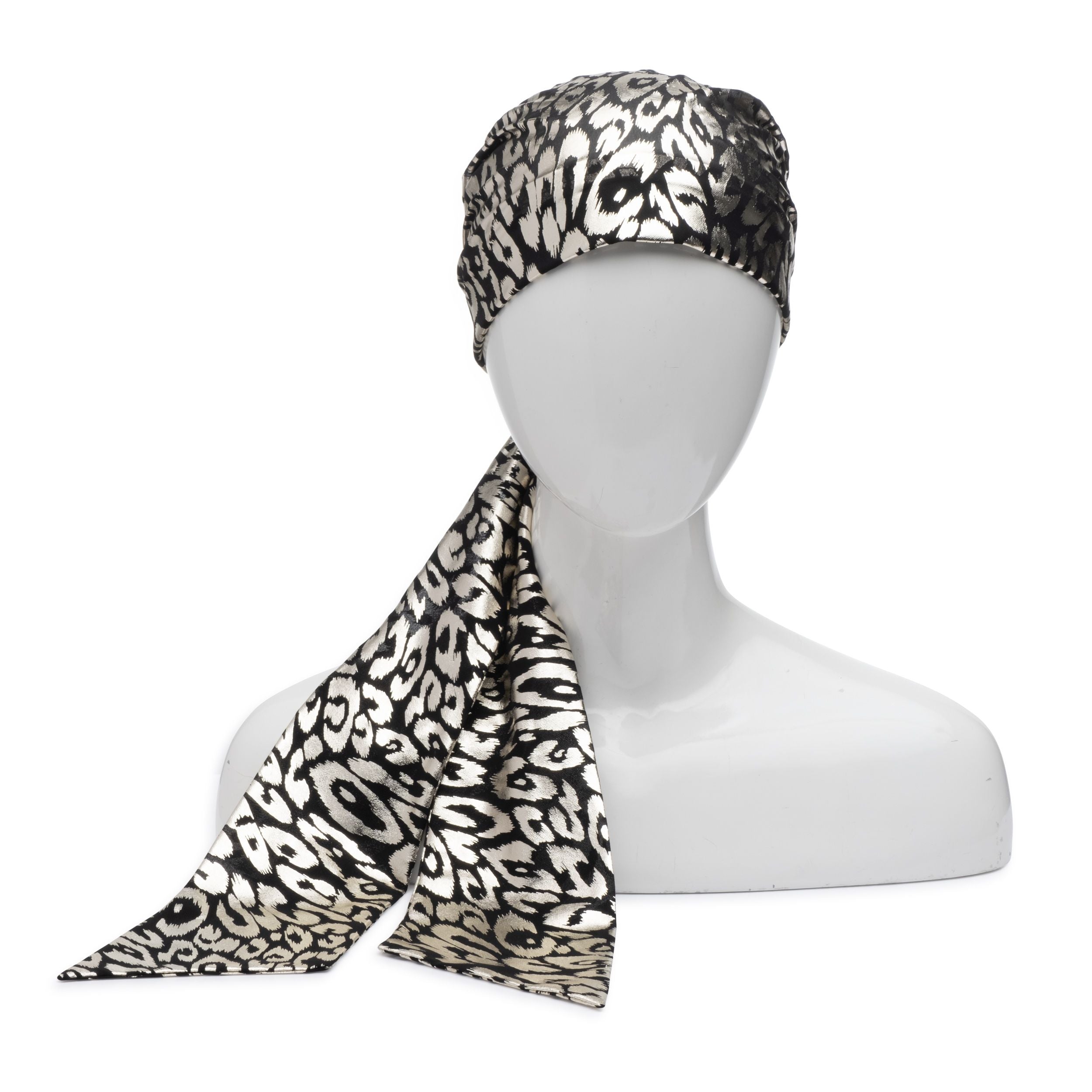 Eugenia Kim Gigi headscarf in gold/black leopard product shot