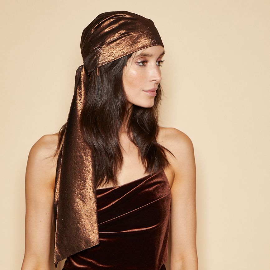 Eugenia Kim Gigi headscarf in chocolate side view on model