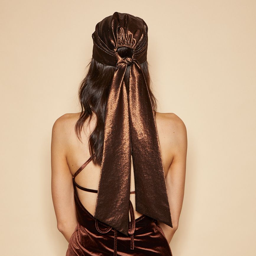 Eugenia Kim Gigi headscarf in chocolate back view on model