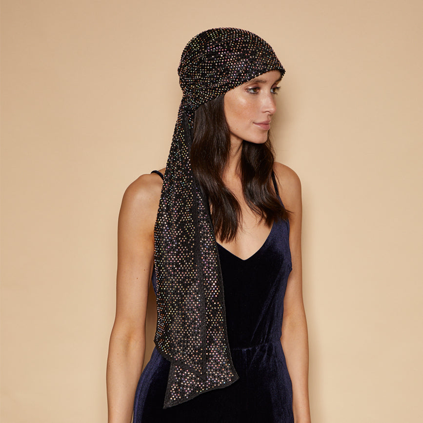 Eugenia Kim Gigi headscarf in black A/B crystal side view on model