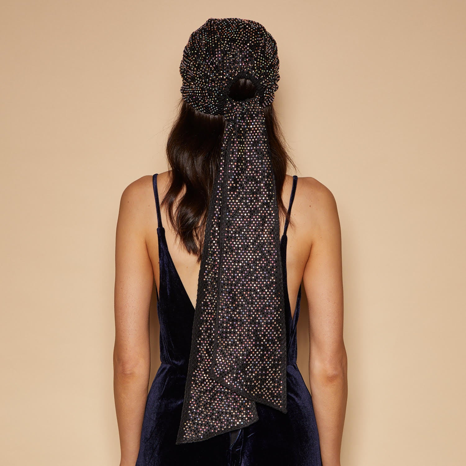 Eugenia Kim Gigi headscarf in black A/B crystal back view on model