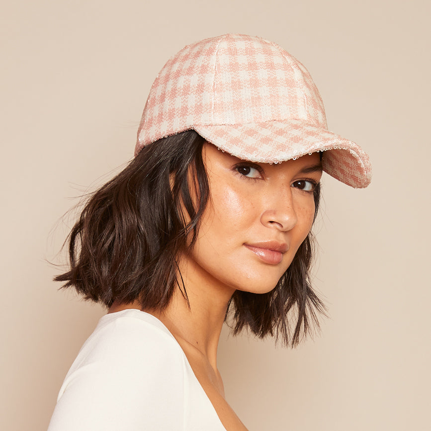 Side view of Lo cap in pink gingham