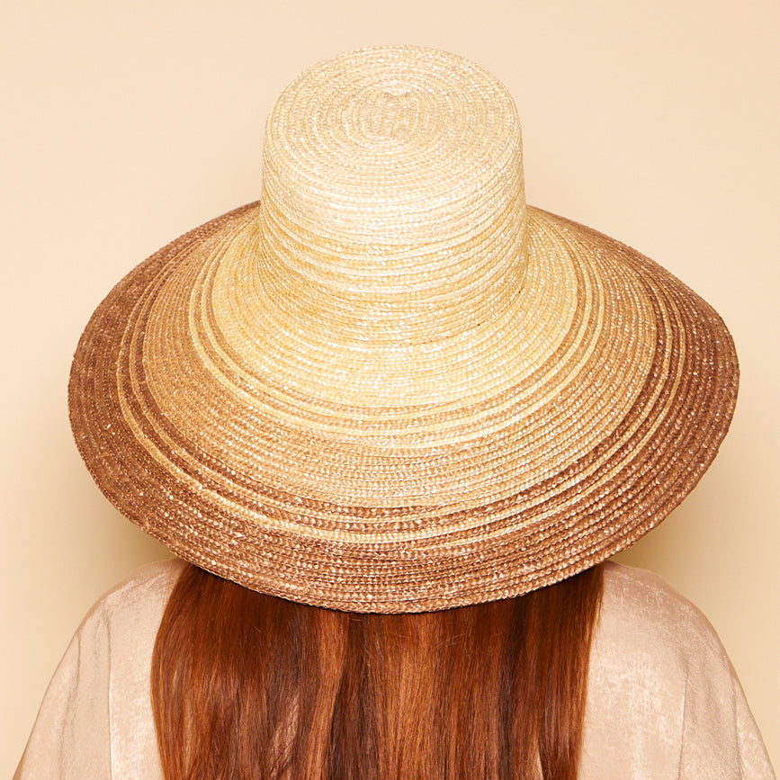 Back shot on model of Mirabel sunhat in Ivory/natural/fawn.