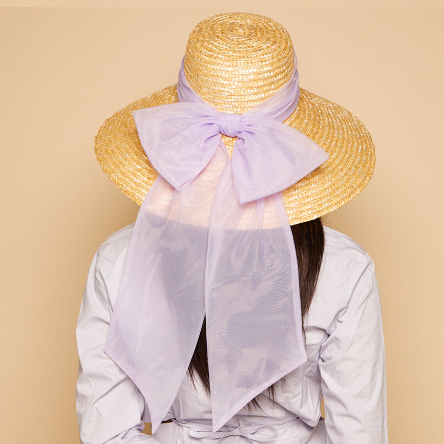 Eugenia Kim Mirabel sunhat in purple organza back view on model