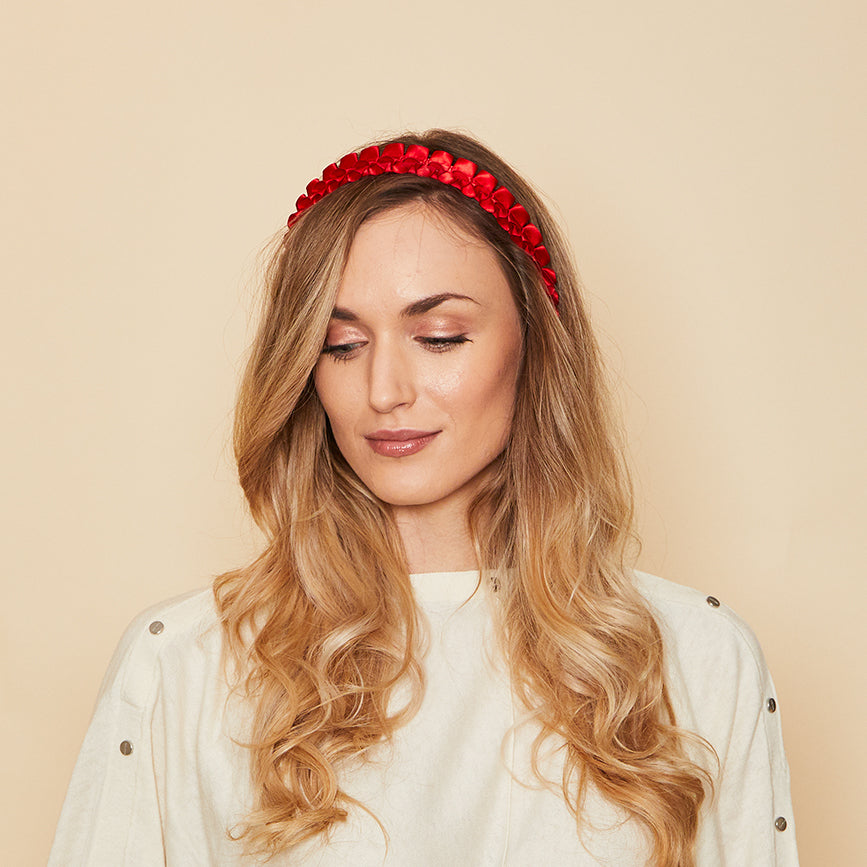 Rafaela Ruffled Satin Headband in Red - Eugenia Kim