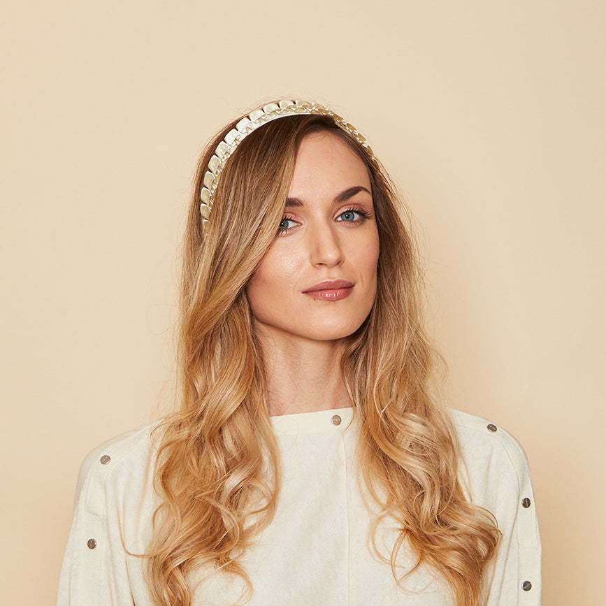 Eugenia Kim Rafaela headband in gold metallic front view on model