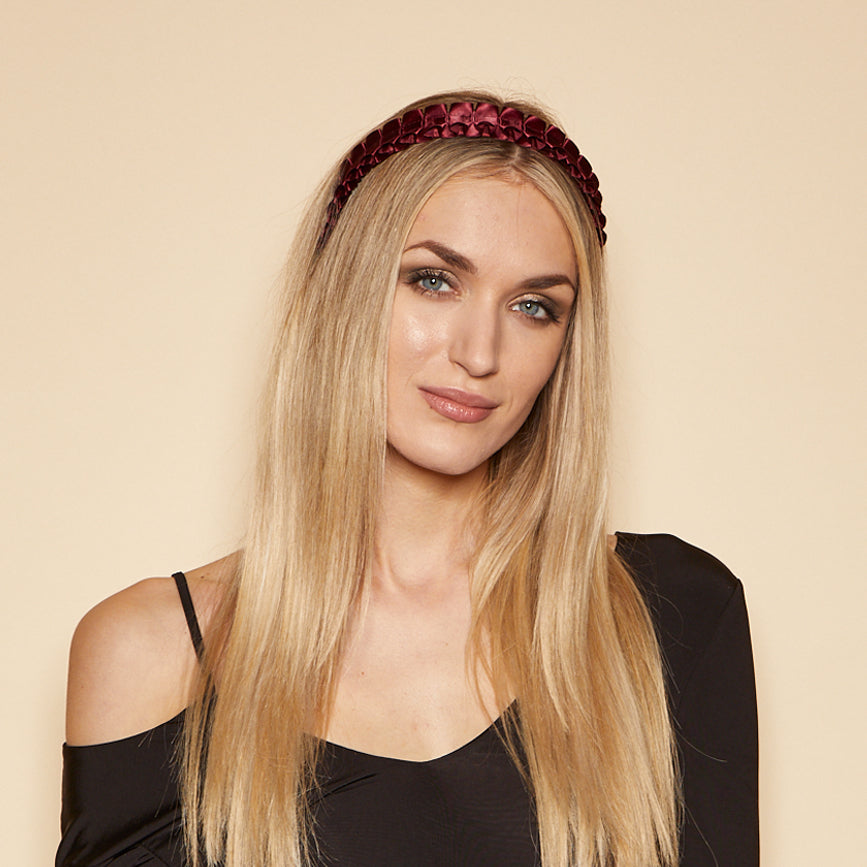 Eugenia Kim Rafaela headband in bordeaux front view on model
