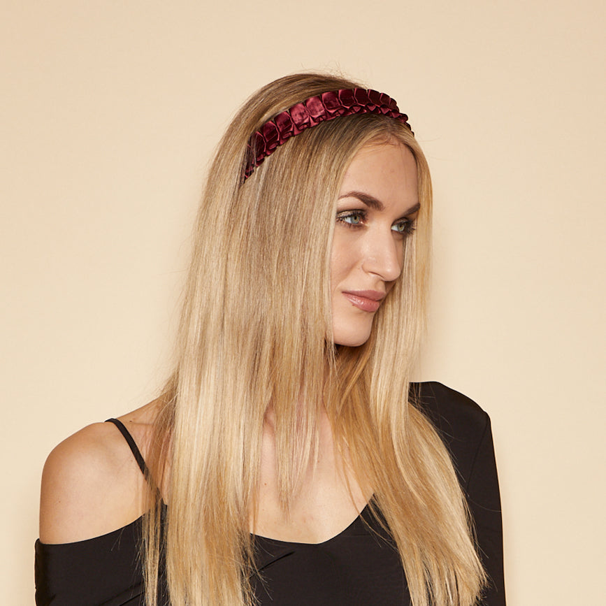 Eugenia Kim Rafaela headband in bordeaux side view on model