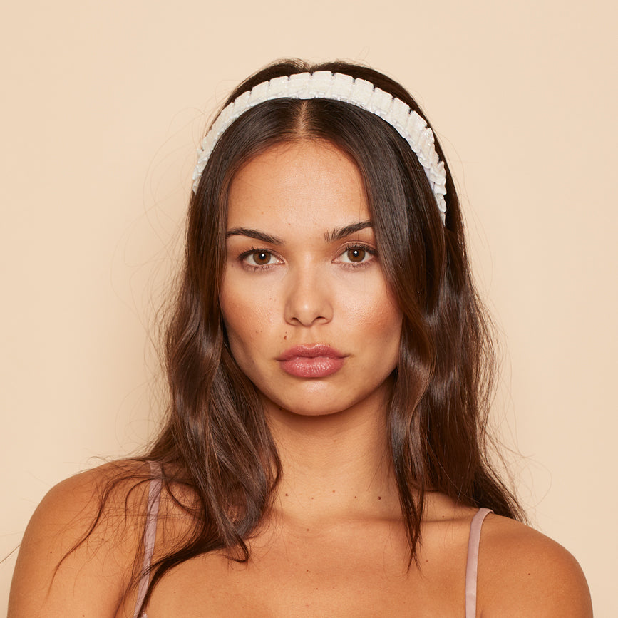Front shot of Rafaela headband in White AB