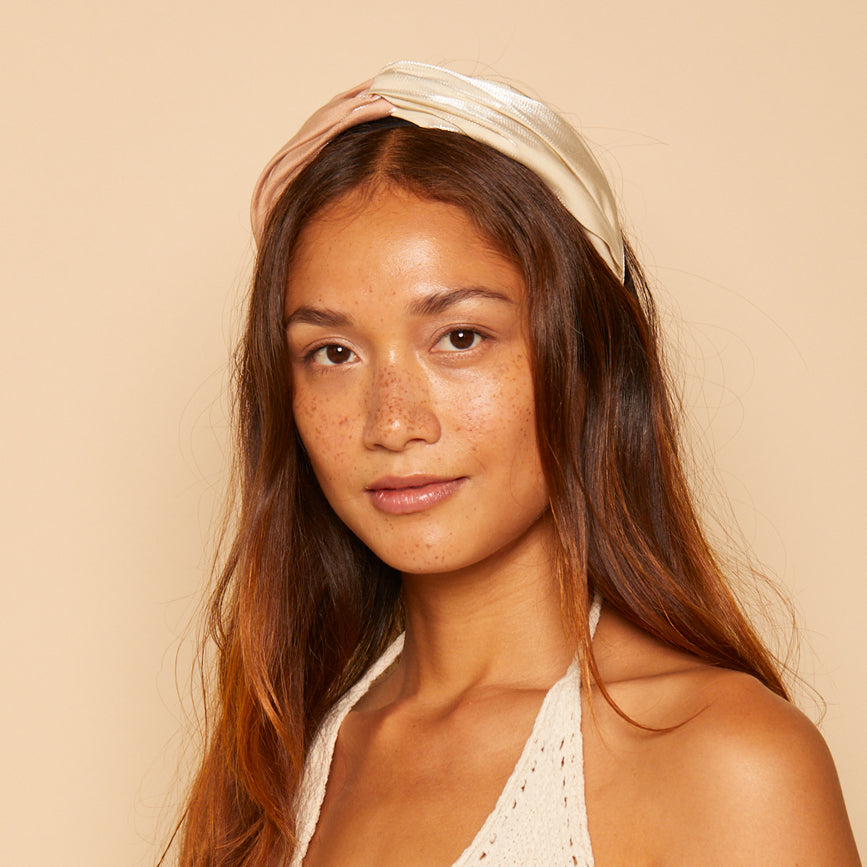 On-model shot of Sally headband in blush/cream